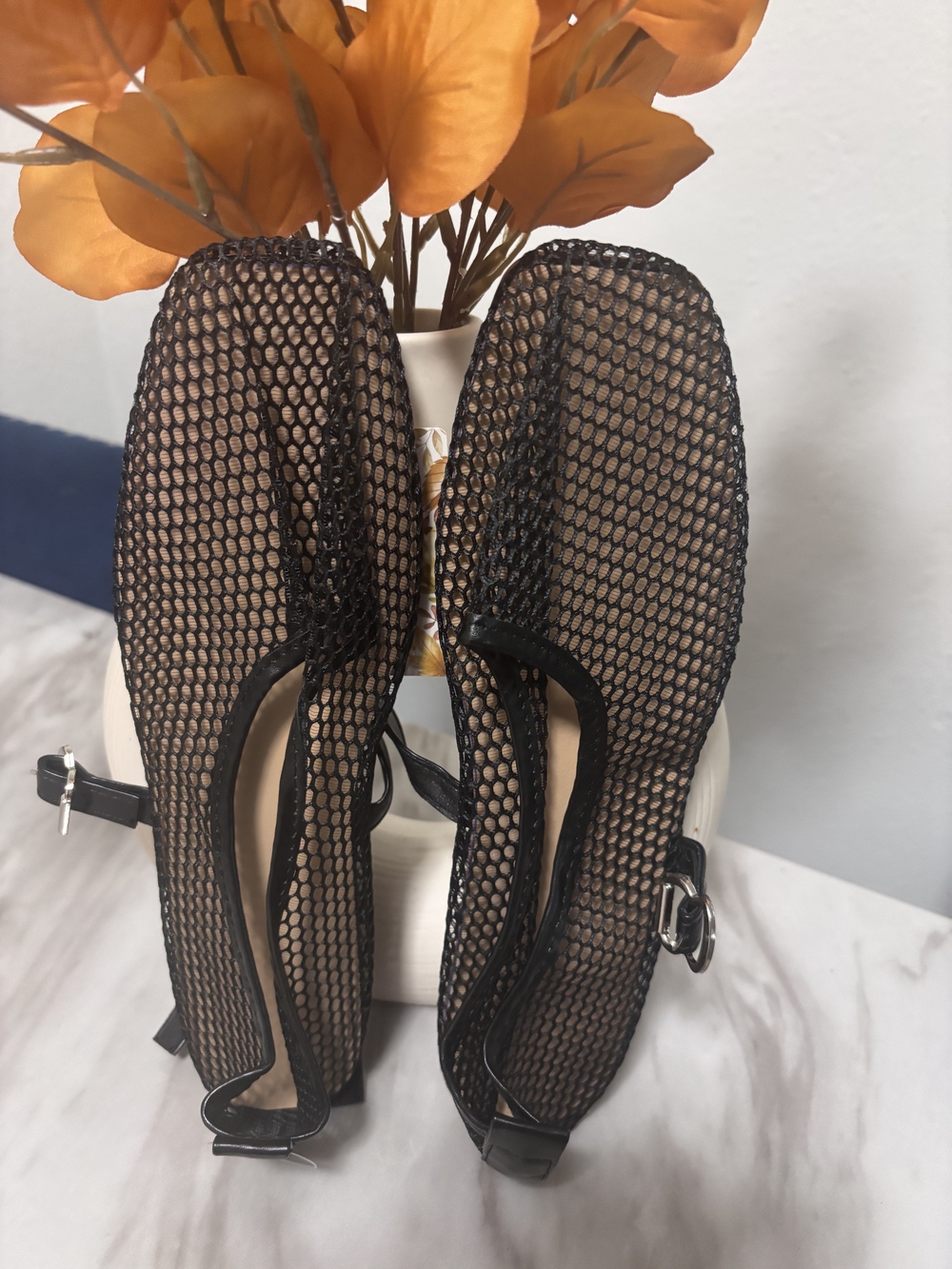 Women's Black Mesh Mary Jane Flats